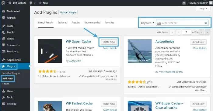 002 search install wordpress wp super cache plugin