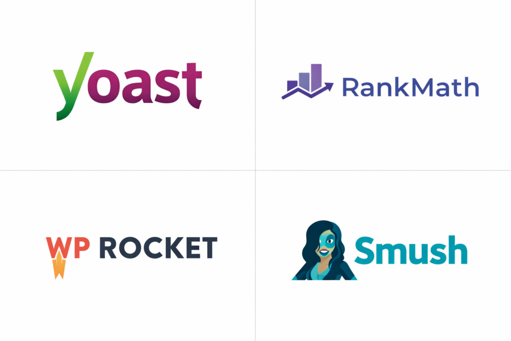 WordPress SEO plugins collection including Yoast Rank Math WP Rocket and Smush for better website visibility
