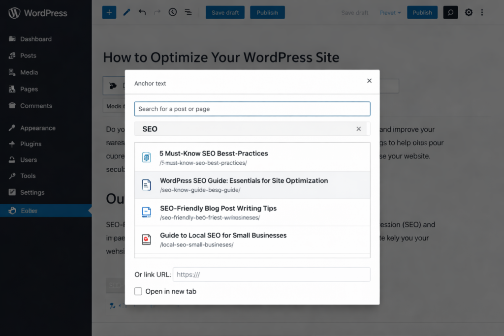WordPress editor internal link insertion dialog showing how to improve website visibility through linking strategy