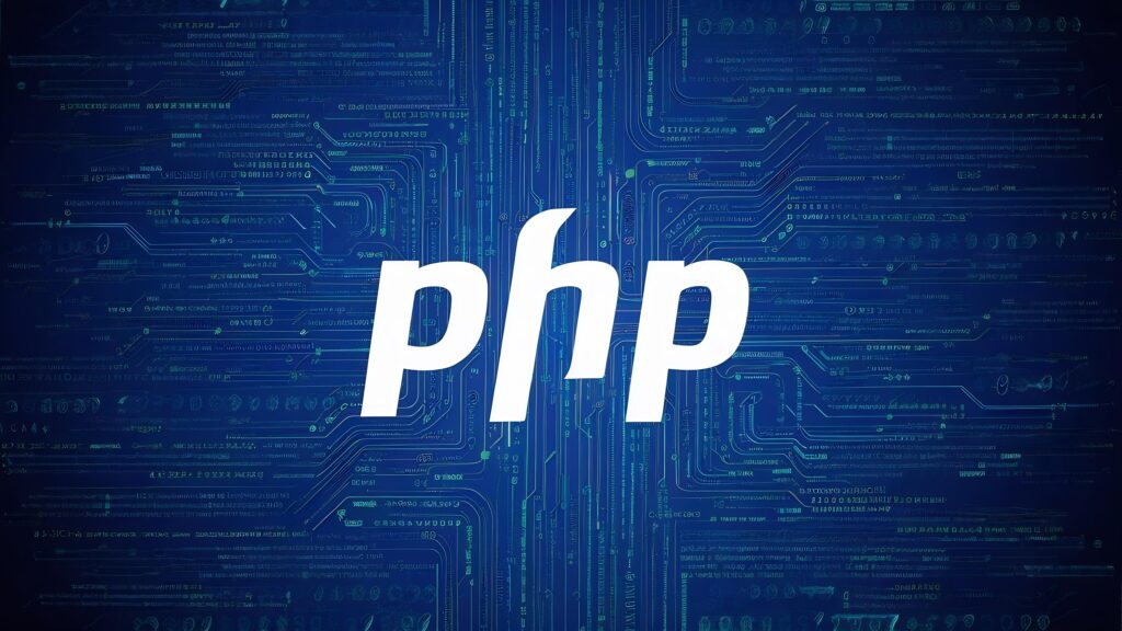 Web development using PHP workspace showing laptop with code editor and coffee cup