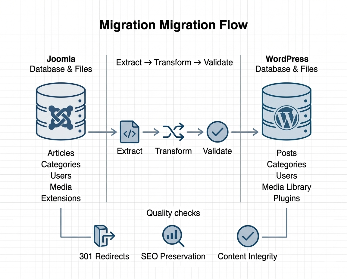 Technical data flow diagram for Joomla to WordPress content migration architecture