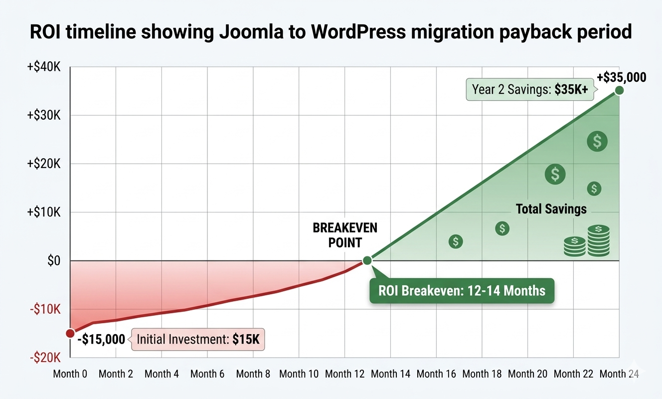 ROI timeline graph showing Joomla to WordPress migration payback within 12-18 months