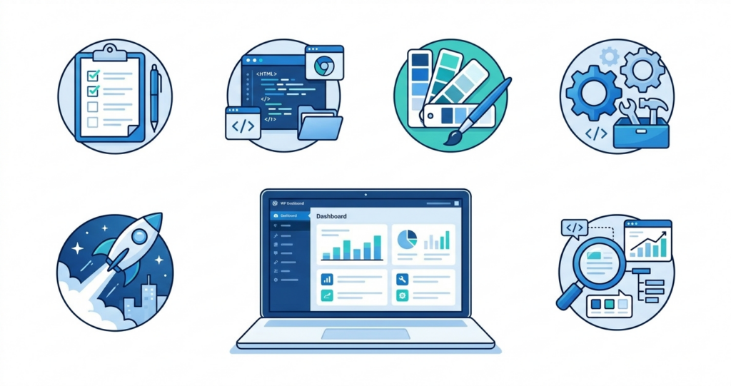 WordPress development process step by step workflow illustration 2026