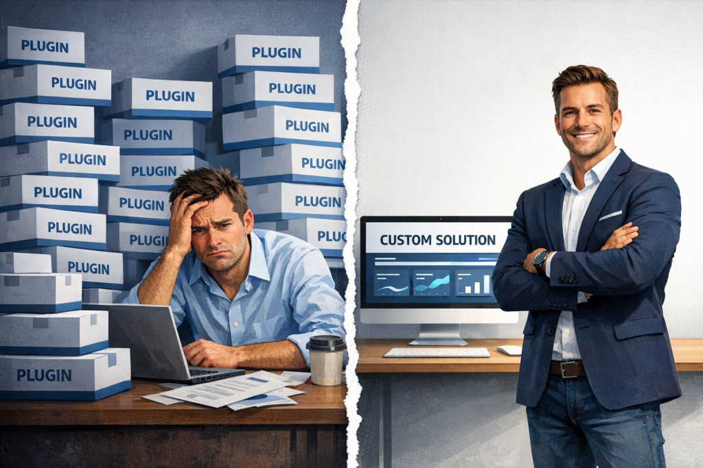 Business owner frustrated with multiple generic WordPress plugins versus streamlined custom WordPress plugin solution