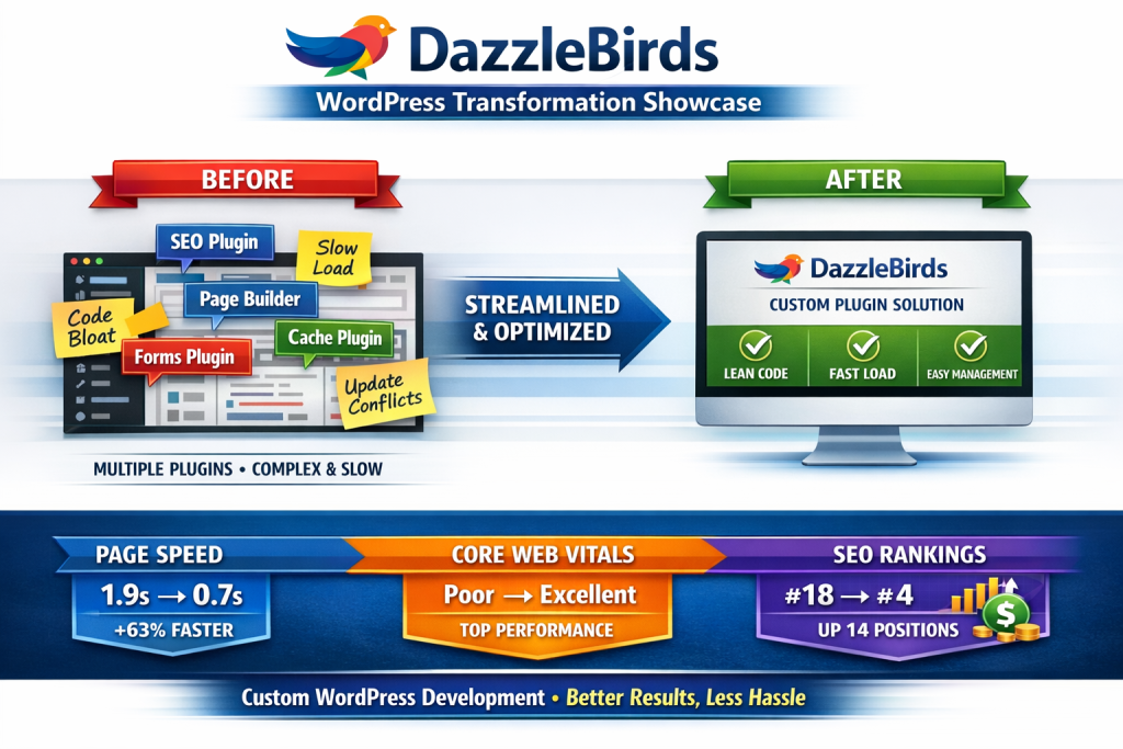 Dazzlebirds' custom WordPress development before and after showcase showing plugin consolidation and performance improvement results
