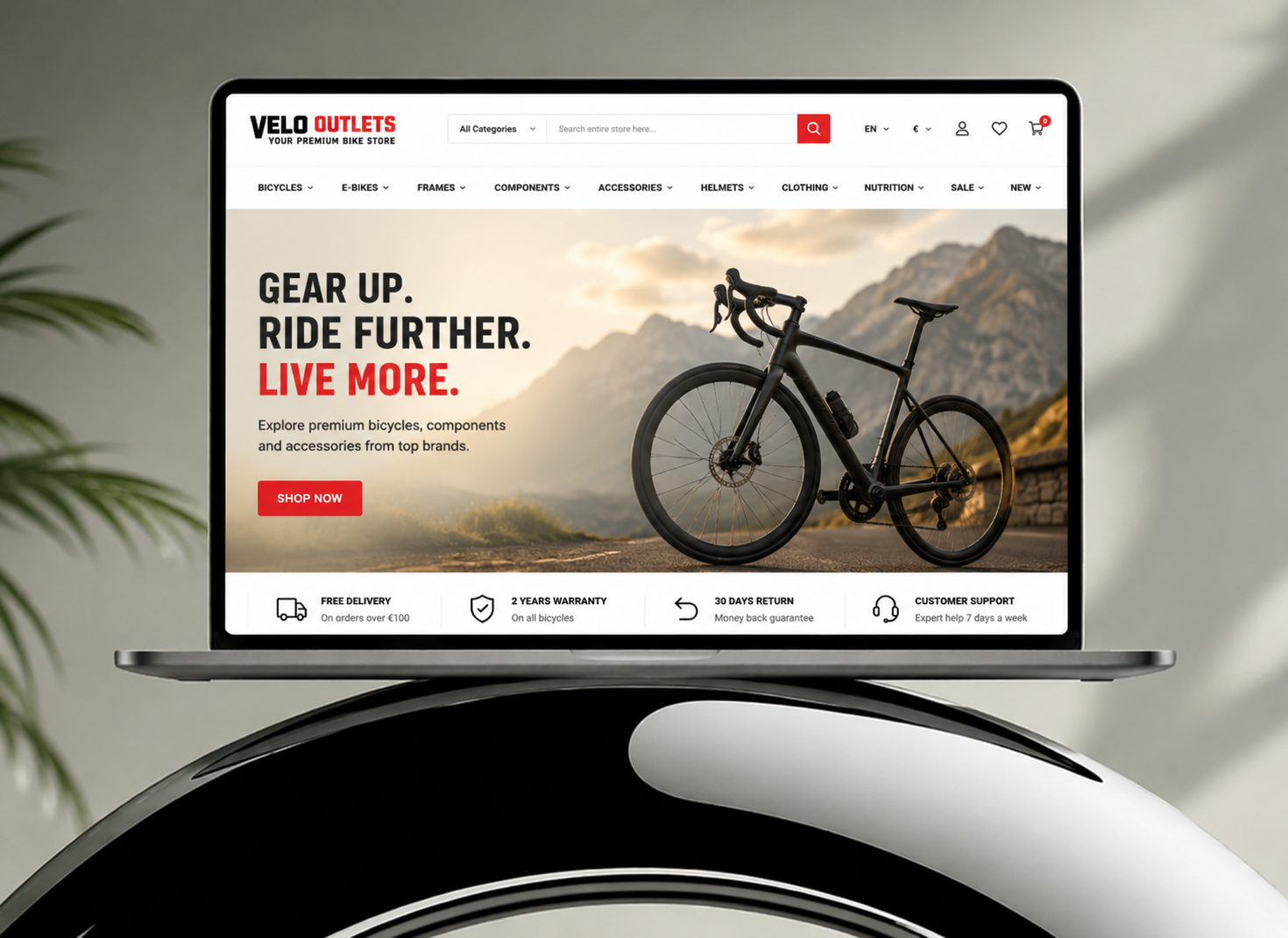 Zoho Inventory WooCommerce integration for Velo Outlets bicycle store with barcode inventory and warehouse management system displayed on laptop mockup.