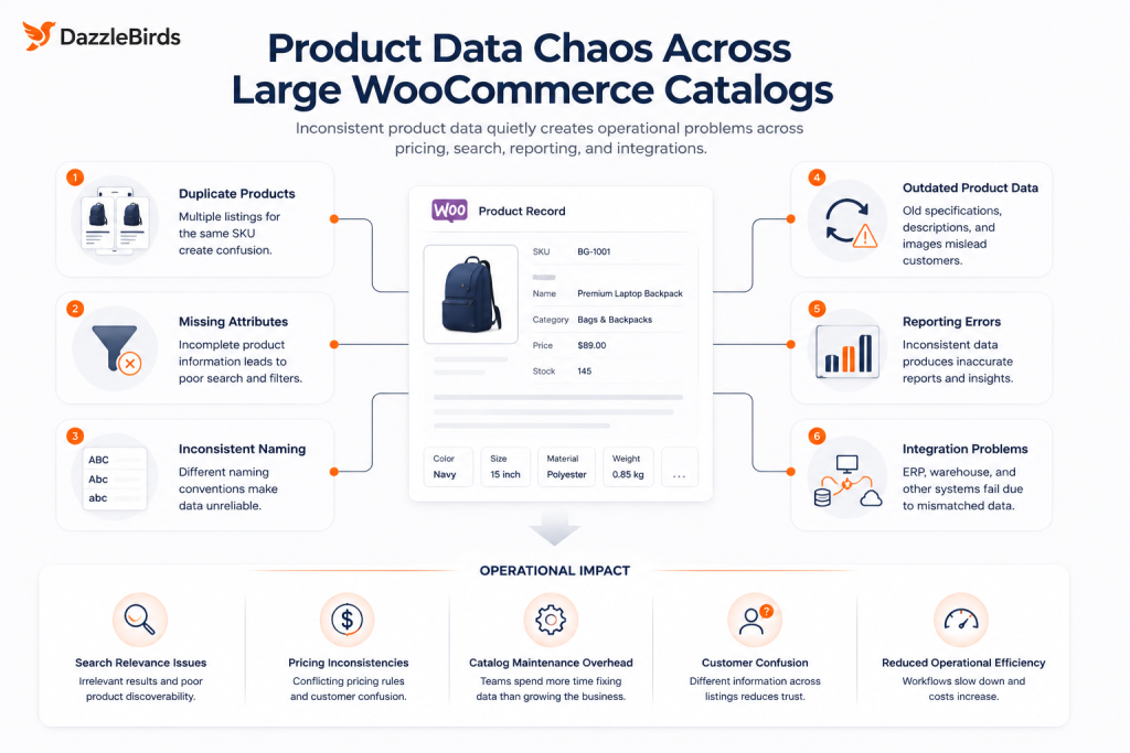 Product data consistency challenges affecting WooCommerce catalog management in large B2B product catalogs
