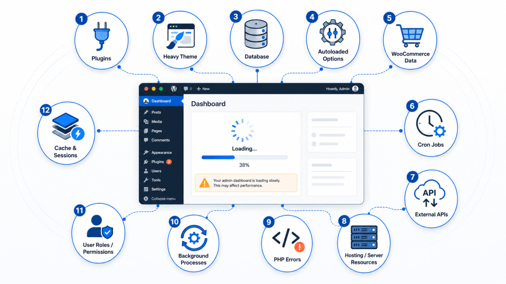WordPress admin dashboard performance infographic 