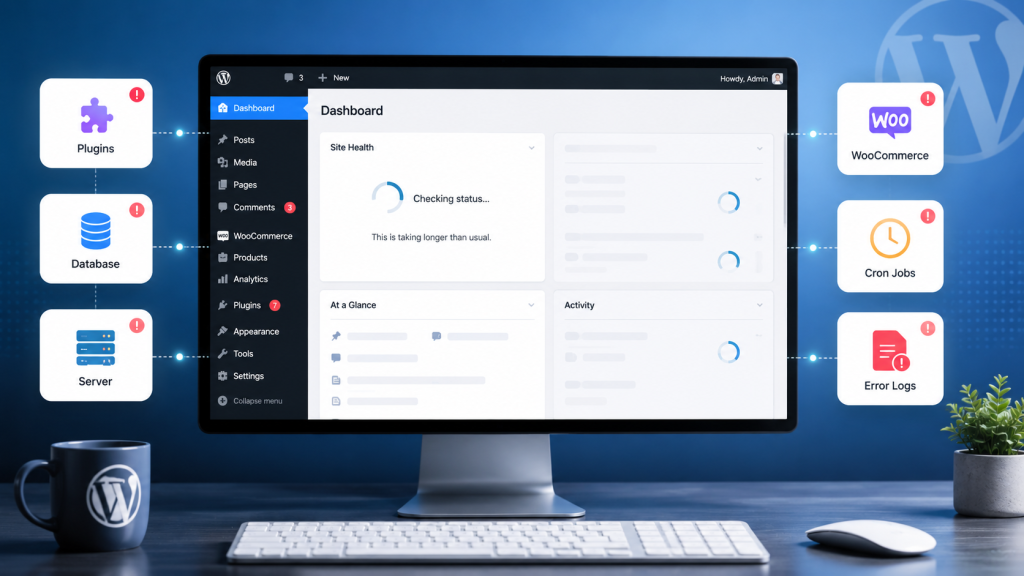 WordPress dashboard troubleshooting illustration