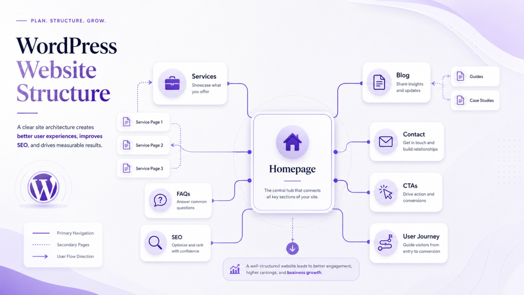 WordPress website structure planning map for business website pages, SEO, CTAs, and user journey