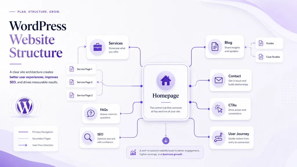 WordPress website structure planning map for business website pages, SEO, CTAs, and user journey