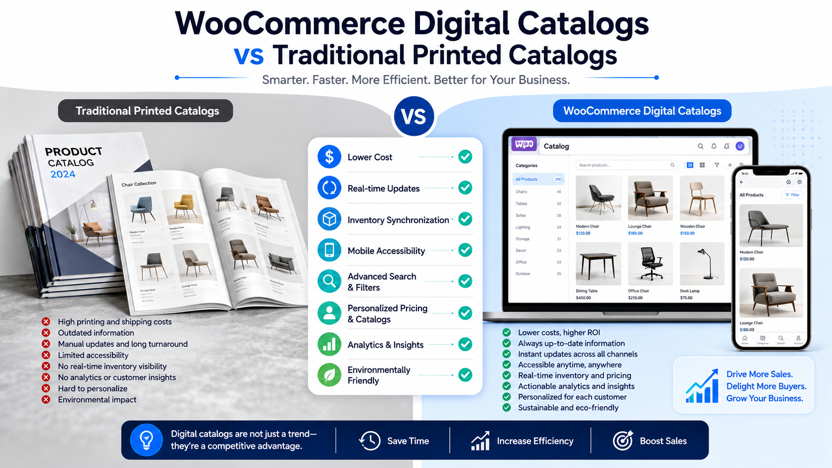 WooCommerce digital catalogs vs traditional printed catalogs comparison infographic.