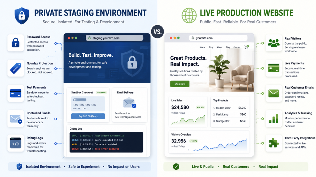 WordPress staging and production comparison showing access, indexing, payments, email, logging, and integrations