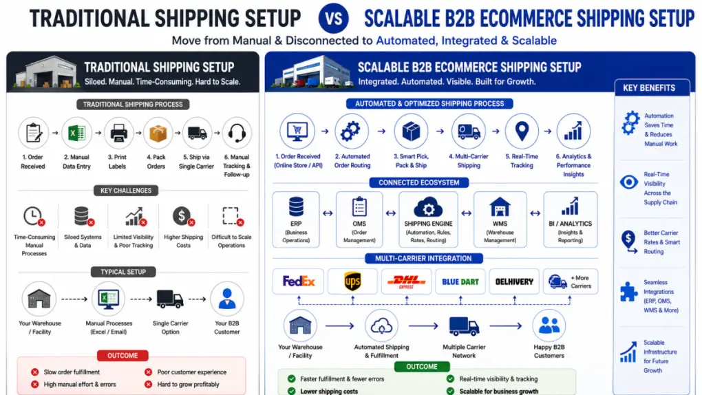 Comparison infographic showing traditional manual shipping versus a scalable B2B ecommerce shipping system with ERP, OMS, WMS, automation, and multi-carrier integration.