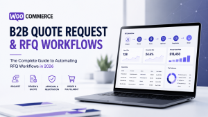 WooCommerce quote request dashboard illustrating enterprise RFQ workflows, quote approvals, pricing automation, and B2B procurement management.