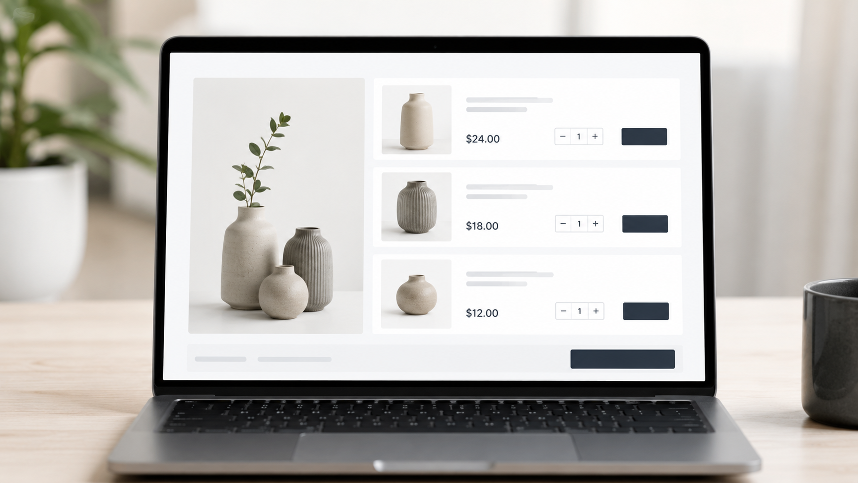 Minimal e-commerce product page displayed on a laptop, featuring three related products with individual images, prices, and quantity selectors, illustrating a WooCommerce grouped product layout.