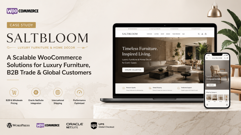 SaltBloom WooCommerce furniture store case study featuring luxury furniture, B2B trade functionality, NetSuite integration, and international shipping.