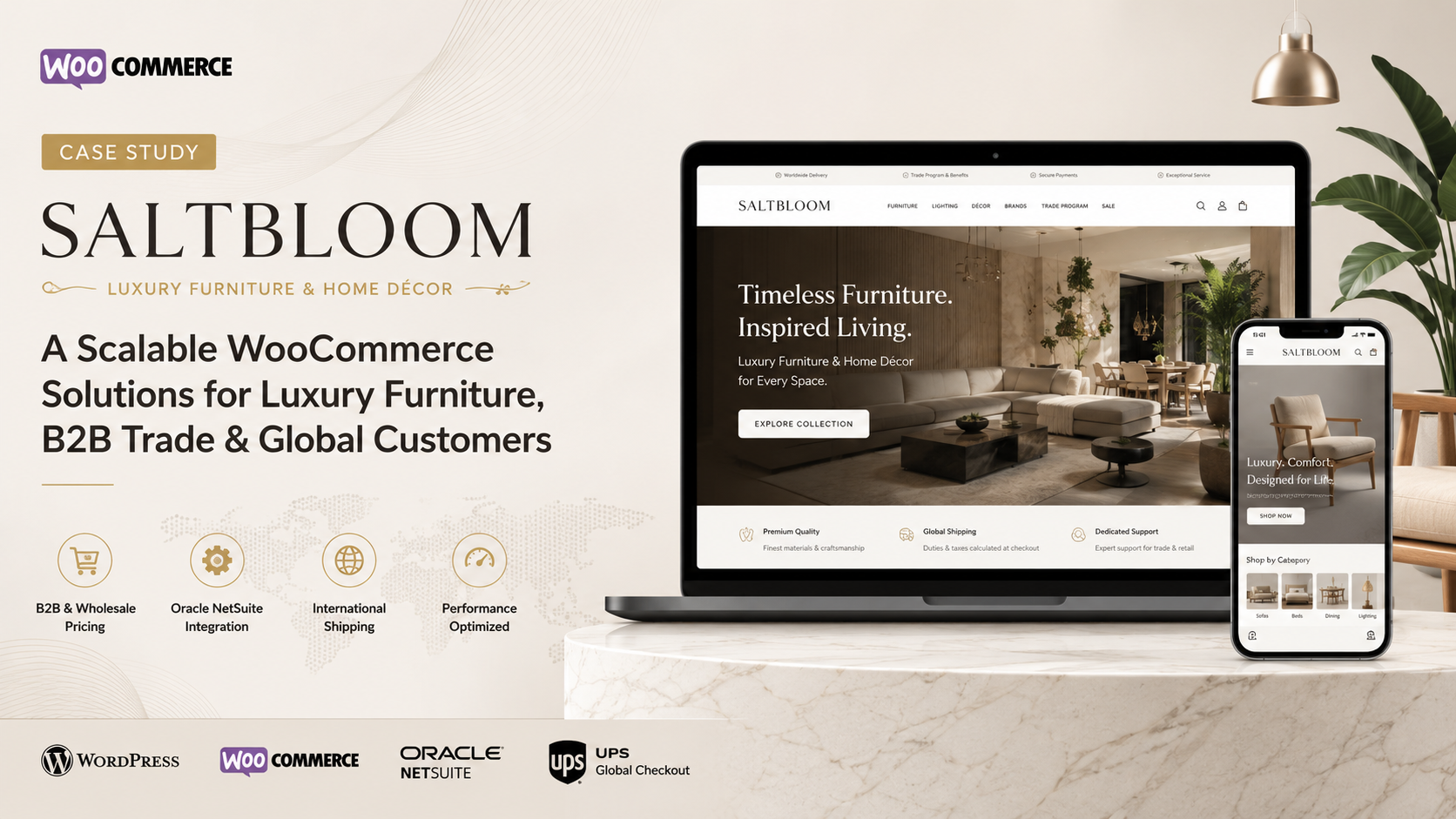 SaltBloom WooCommerce furniture store case study featuring luxury furniture, B2B trade functionality, NetSuite integration, and international shipping.