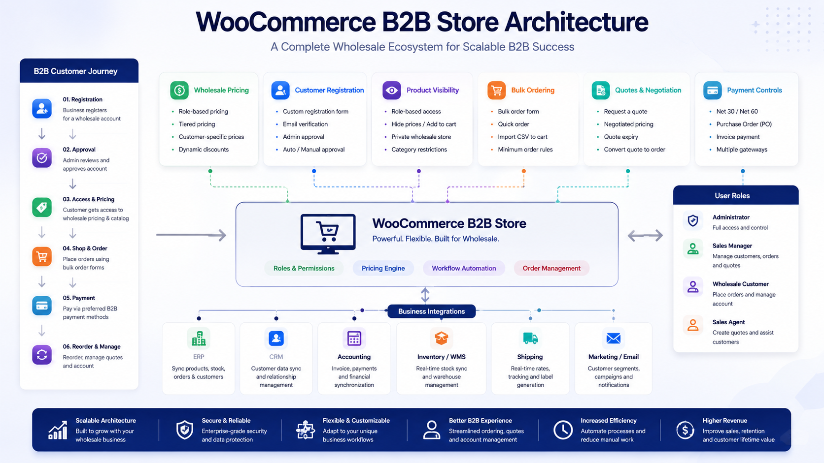 WooCommerce B2B store architecture connecting wholesale pricing, customer registration, product visibility, bulk ordering, quotes, payment controls, user roles, and business integrations.