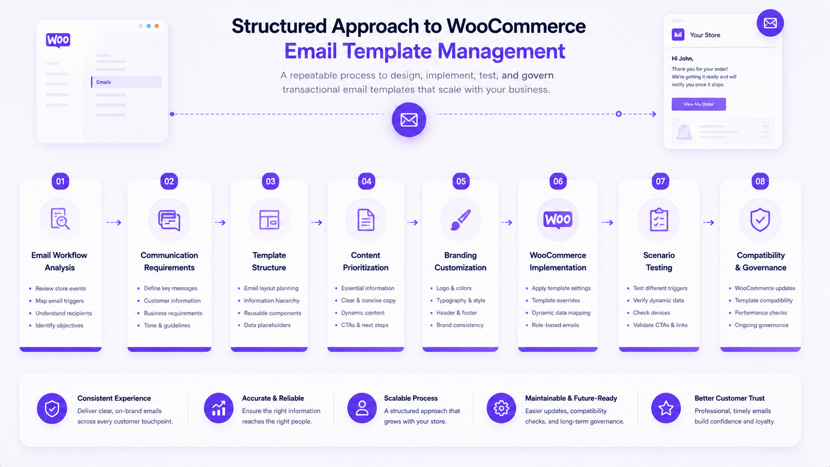 Structured WooCommerce email template management workflow from communication analysis to ongoing template governance.