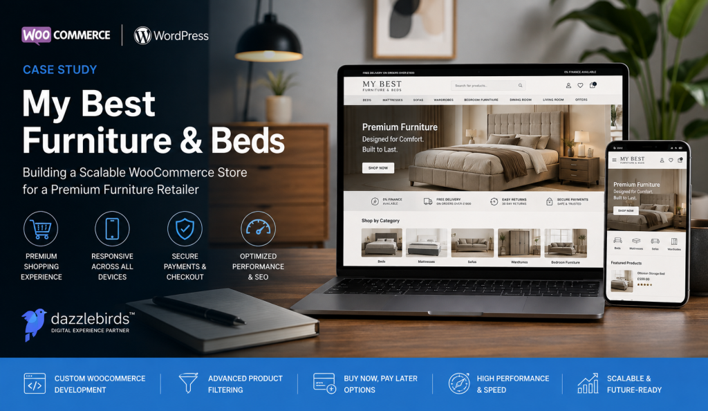WooCommerce Furniture Store Case Study showcasing My Best Furniture & Beds ecommerce website developed by Dazzlebirds