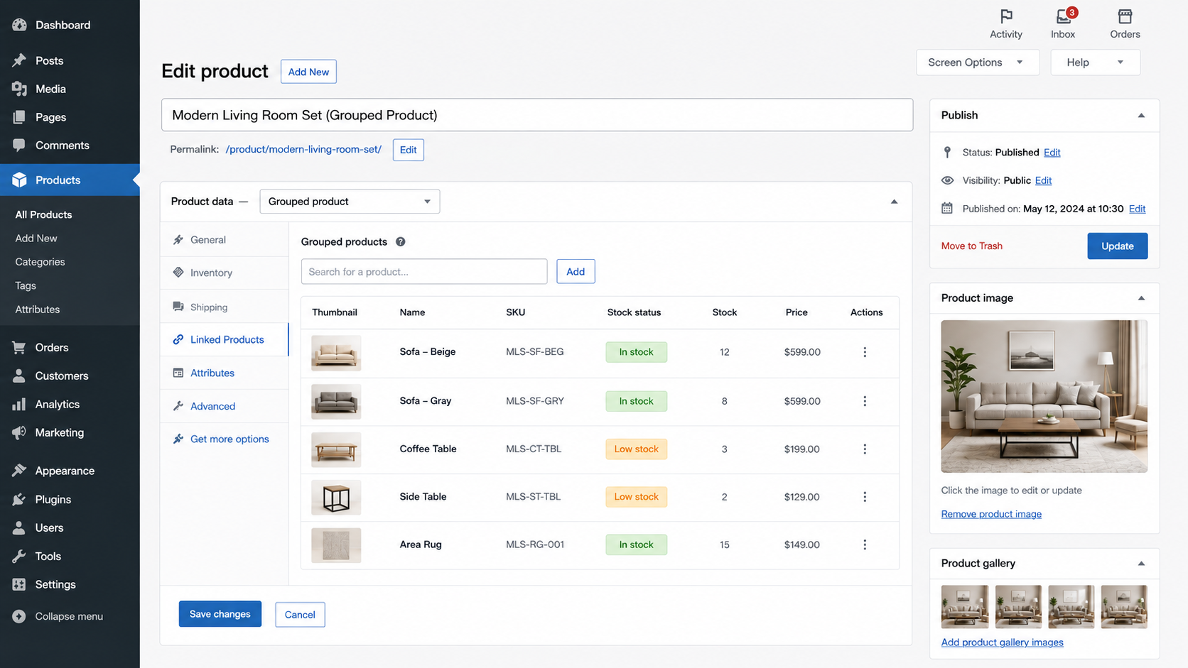 WooCommerce grouped product admin dashboard showing linked child products with individual SKUs, stock quantities, and in-stock or low-stock status indicators.