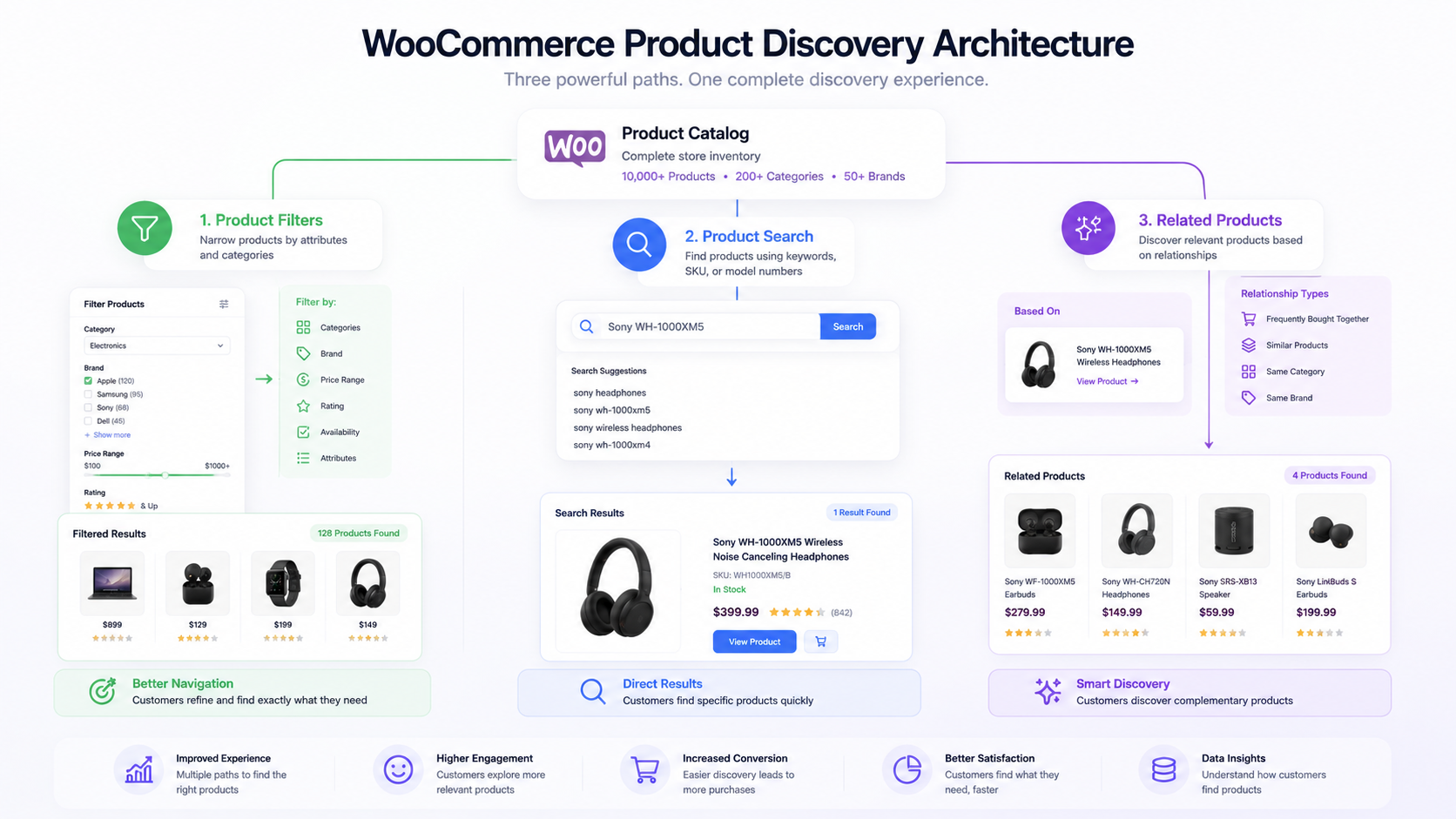 Comparison of WooCommerce product filters, product search, and related product recommendations.