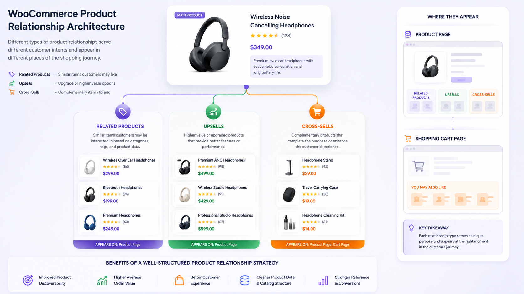 WooCommerce product relationship architecture comparing related products, upsells, and cross-sells, showing how each recommendation type appears on product and shopping cart pages.