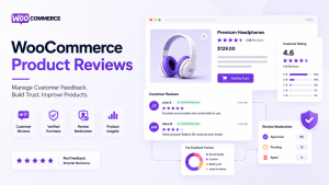 Premium SaaS-style WooCommerce product reviews dashboard showing customer ratings, verified purchases, review moderation, product feedback, and customer insights.