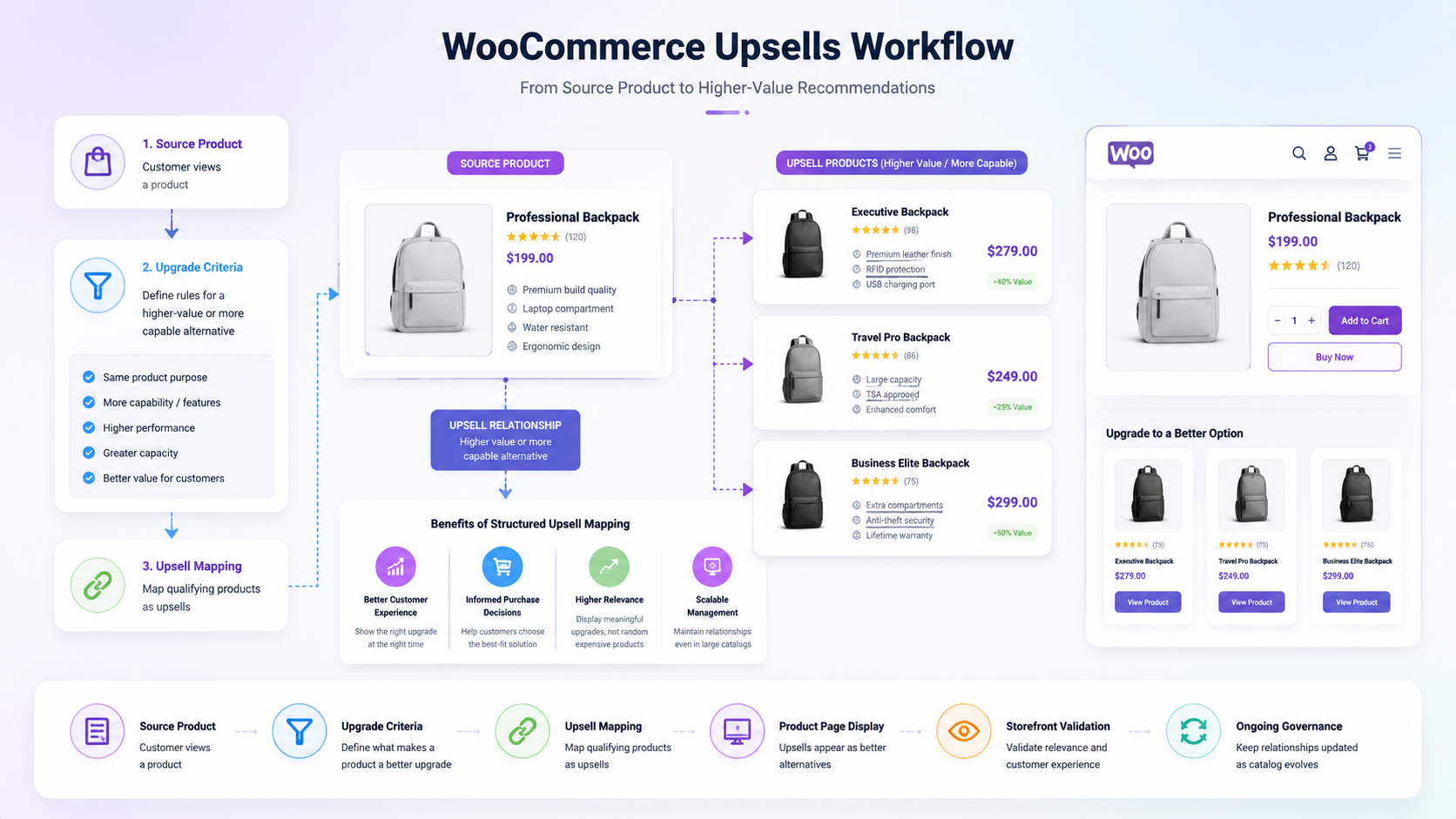 WooCommerce upsell workflow showing source products, upgrade criteria, structured upsell mapping, higher-value product recommendations, storefront display, validation, and ongoing catalog governance.