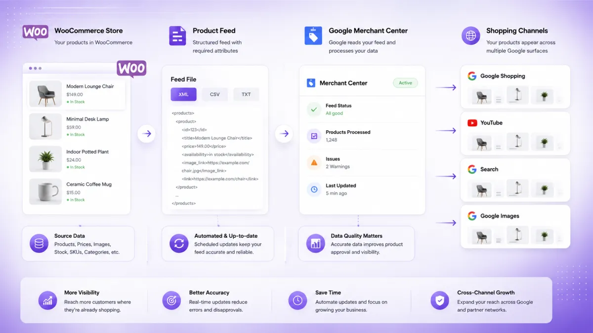 WooCommerce product feed connecting store products to Google Merchant Center and shopping channels through structured product data.