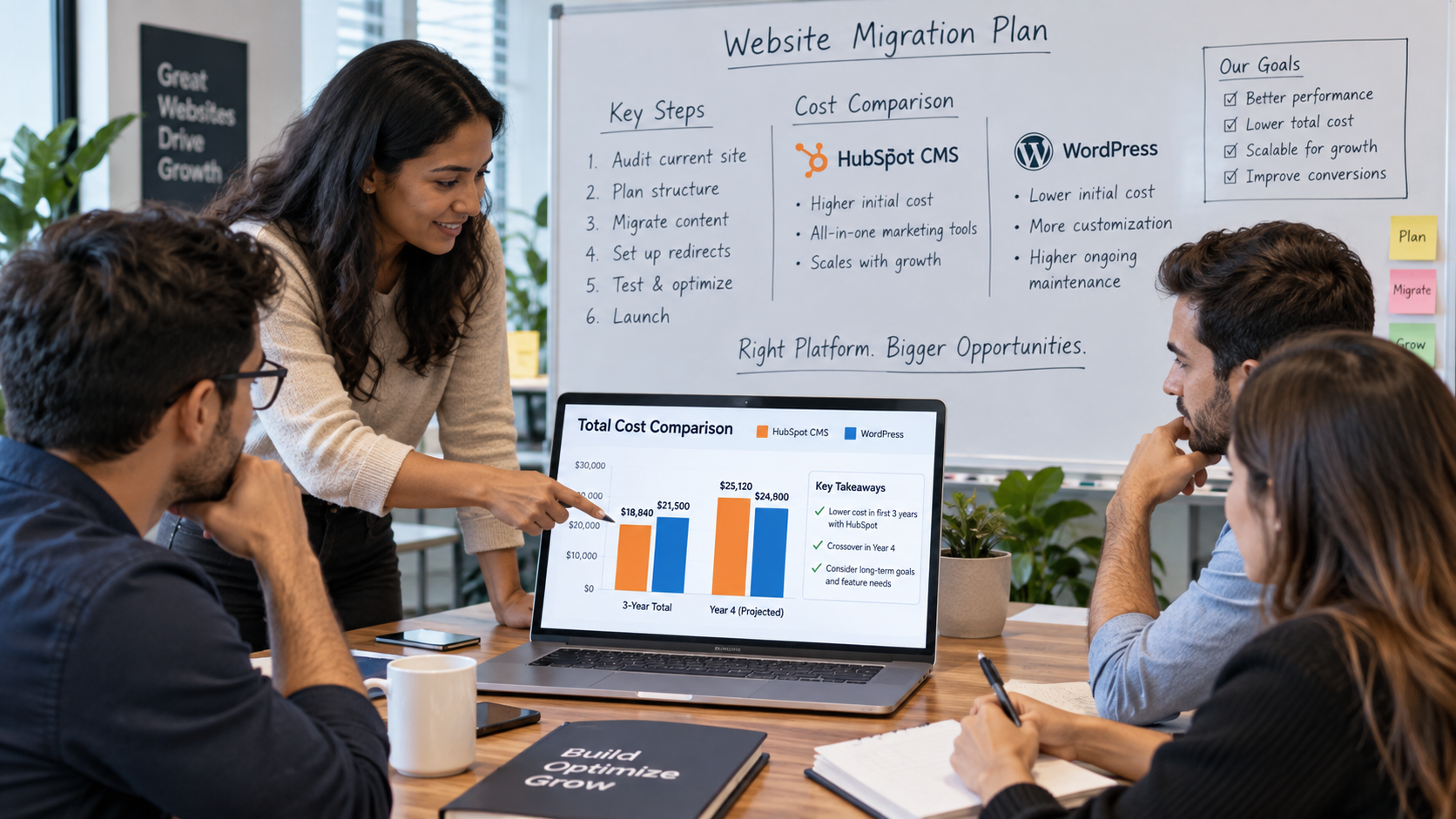 Marketing team reviewing a HubSpot to WordPress migration cost and timeline plan