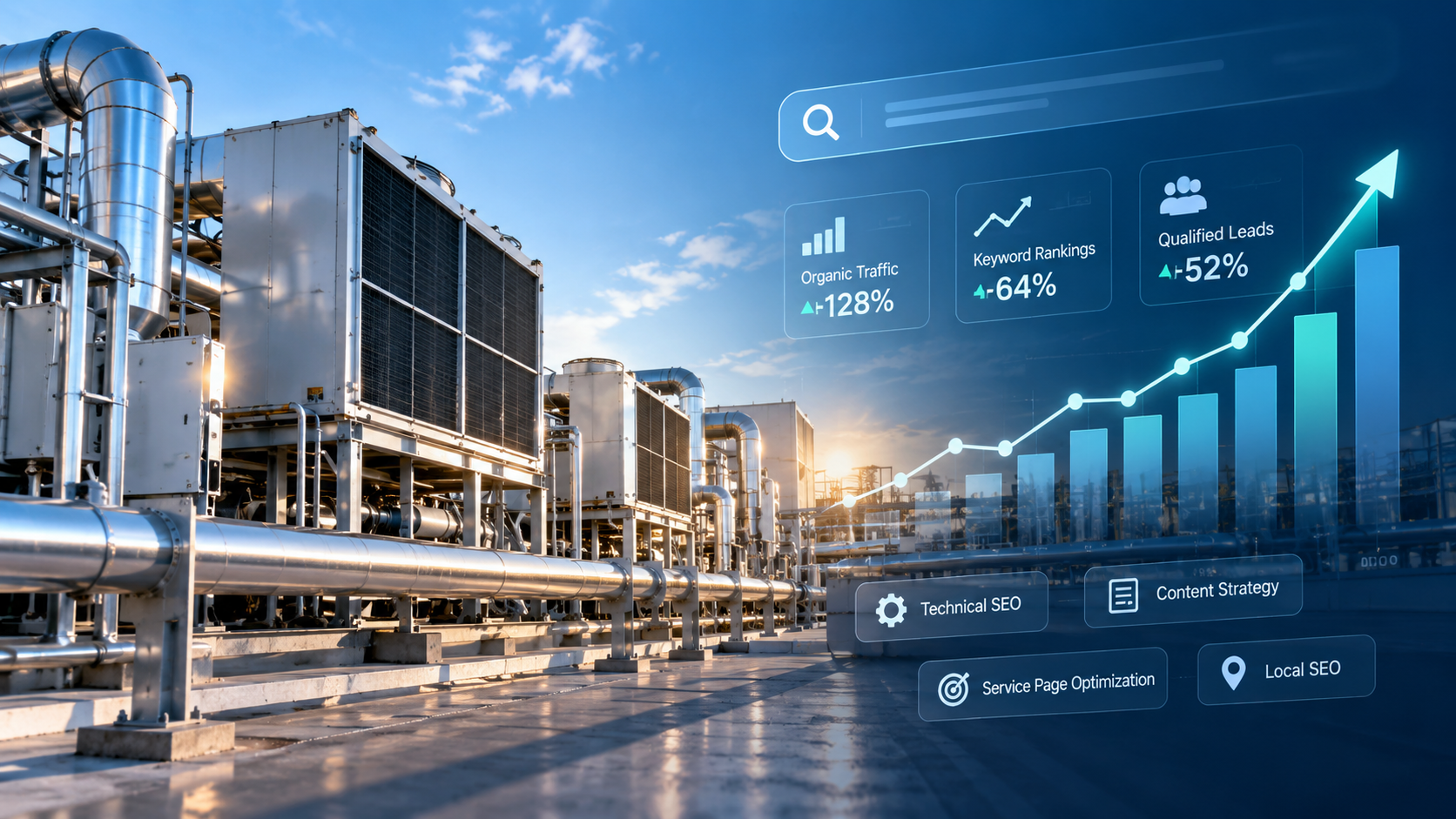 FSE Inc. SEO case study showing industrial HVAC equipment with SEO analytics, keyword ranking growth, organic traffic, and qualified lead metrics.