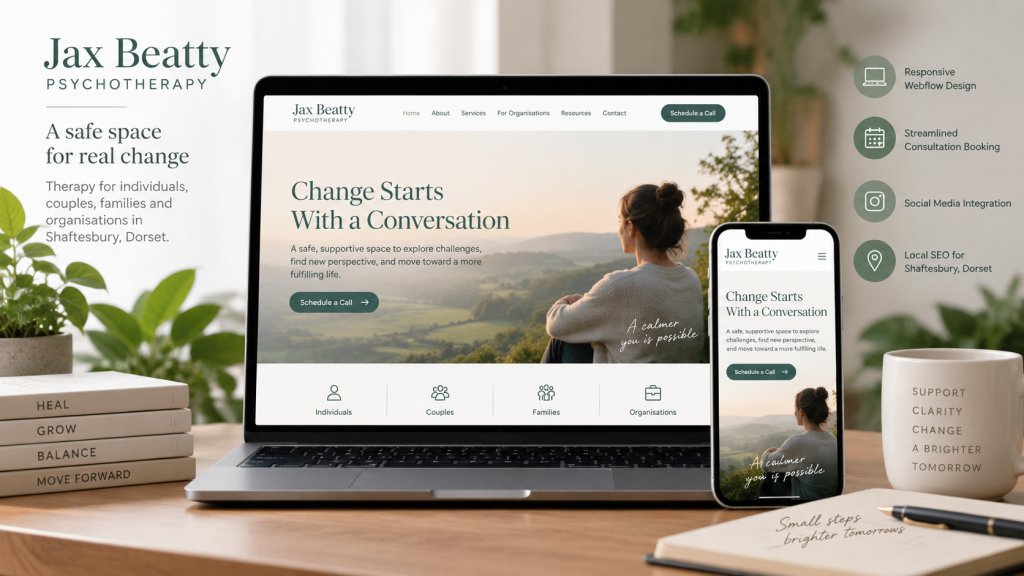 Webflow Website Development case study featuring a professional psychotherapy website with responsive design, service navigation, and consultation booking.