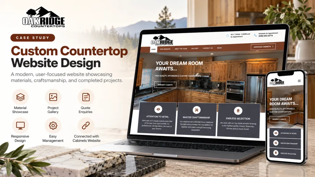Custom countertop website design case study featuring countertop materials, project gallery, craftsmanship, and quote enquiry options.