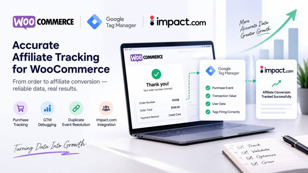 WooCommerce affiliate tracking case study showing Google Tag Manager purchase tracking, duplicate transaction resolution, and Impact.com affiliate conversion tracking.