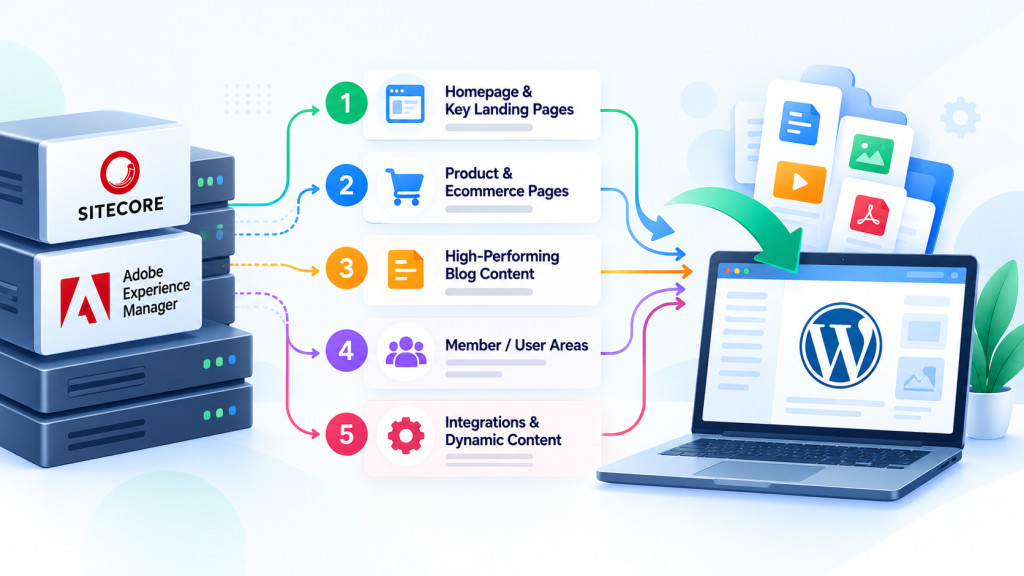 SaaS-style enterprise CMS migration graphic showing prioritized content moving from Sitecore and Adobe Experience Manager to WordPress, including landing pages, ecommerce pages, blog content, user areas, and integrations.