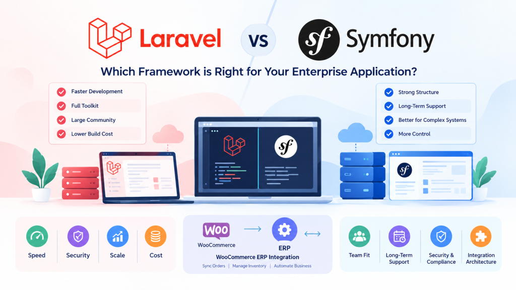 Laravel vs Symfony enterprise application comparison featuring performance, security, scalability, development cost, and WooCommerce ERP integration architecture.