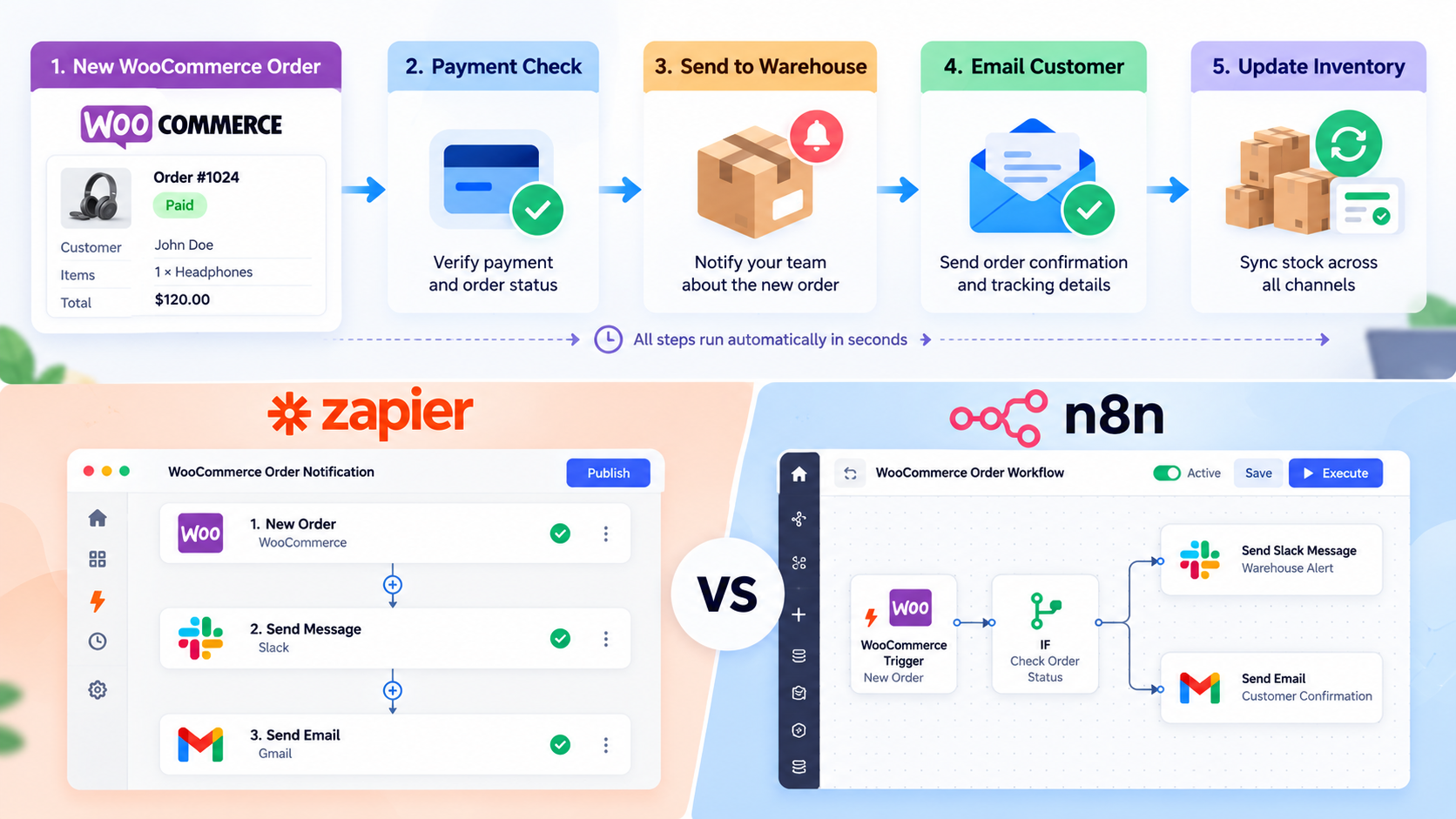 Side-by-side view of a WooCommerce Zapier workflow and a WooCommerce n8n workflow for new order alerts
