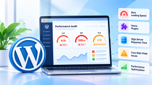 WordPress performance audit dashboard showing Core Web Vitals and server response time