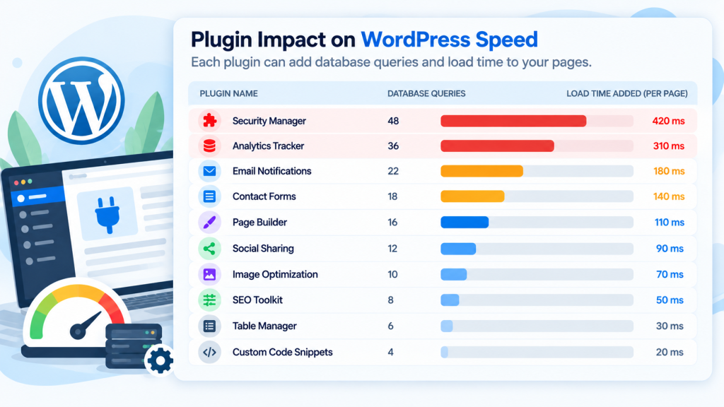 WordPress speed audit chart comparing database queries and page load time added by 10 generic plugins, with two high-impact plugins highlighted in red.