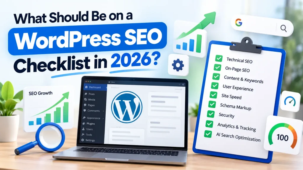 WordPress SEO checklist for 2026 showing technical SEO, on-page SEO, and AI search steps