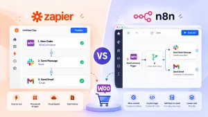 WooCommerce order automation comparison between Zapier and n8n showing workflow builders, order triggers, email notifications, and automated actions.
